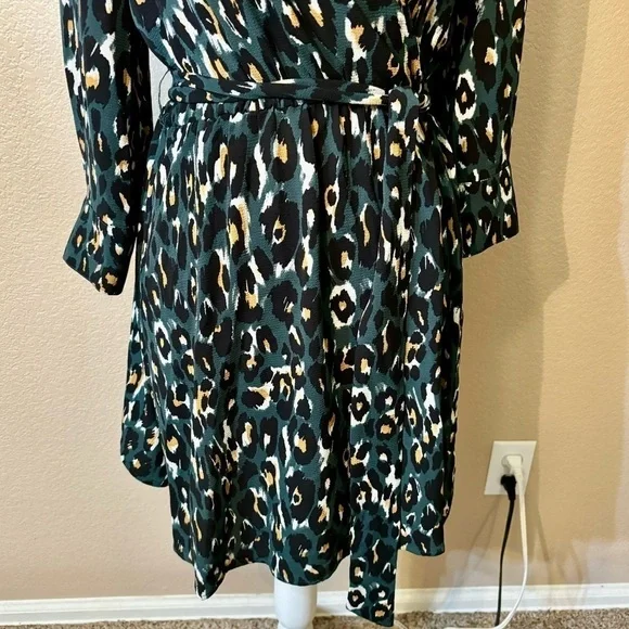 Express Dress Small Olive Green Animal Print Black Mustard Cream Mini Faux Wrap - Picture 4 of 15